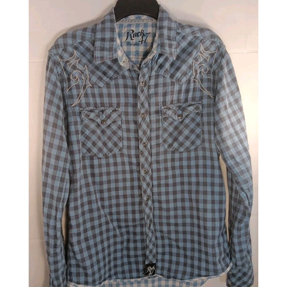 Rock 47 Sz M Shirt Blue & Black Embroidered Pearl Snap Long Sleeve Western Rodeo